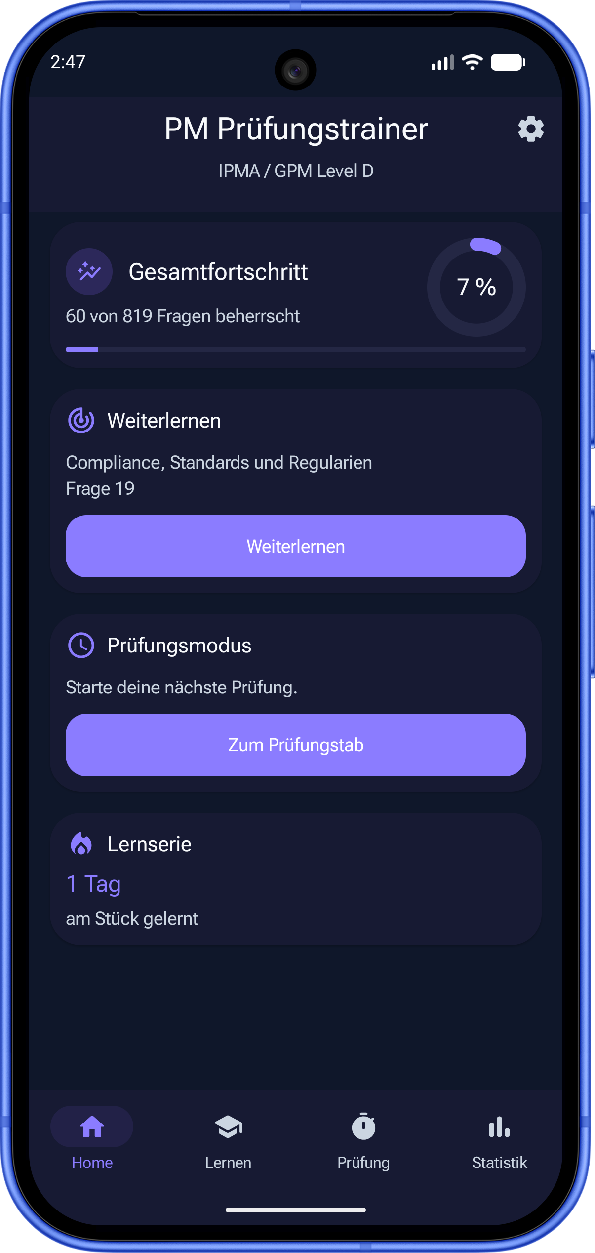 PM Prüfungstrainer App auf dem Smartphone-Startbildschirm