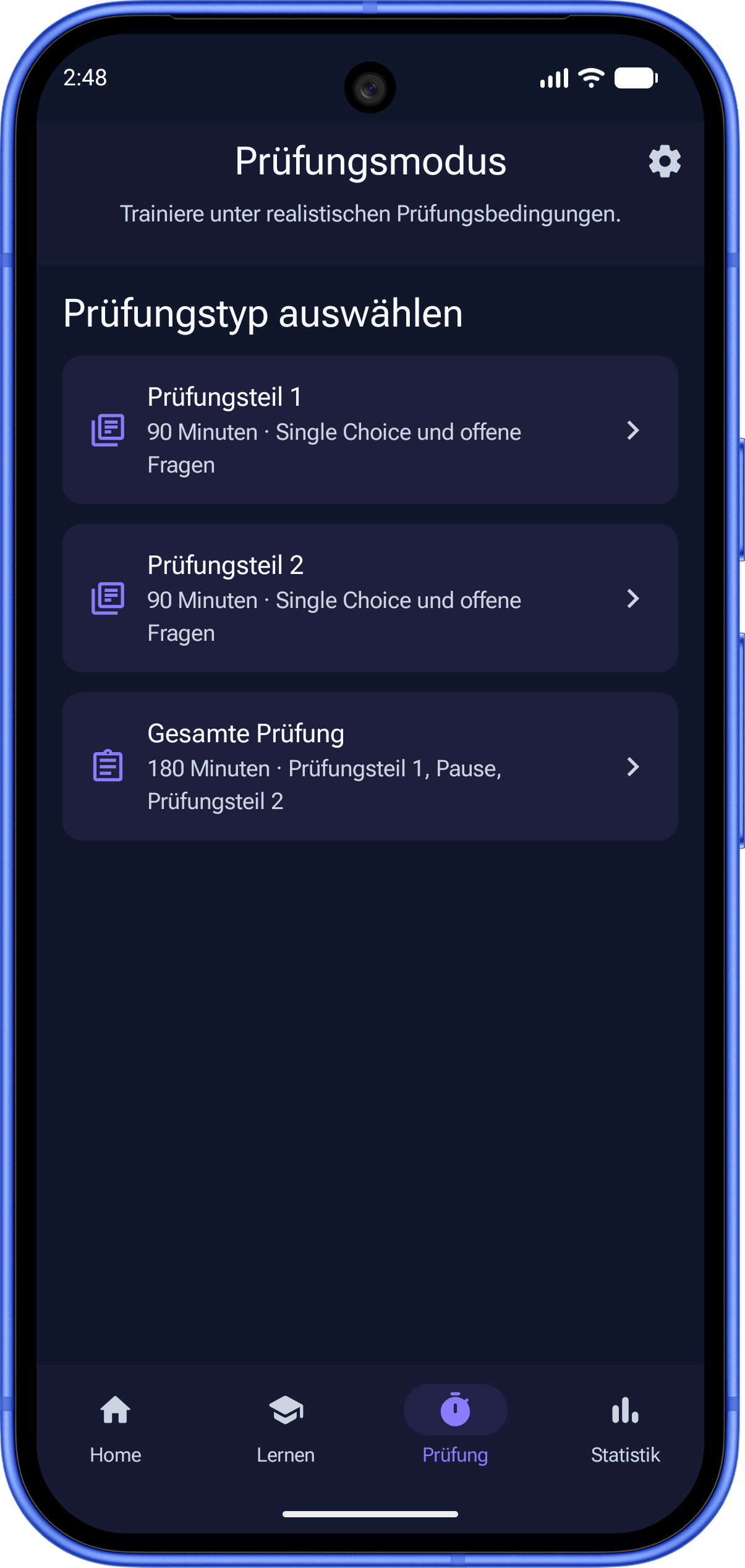 Auswahl des Prüfungsmodus in der PM Prüfungstrainer App