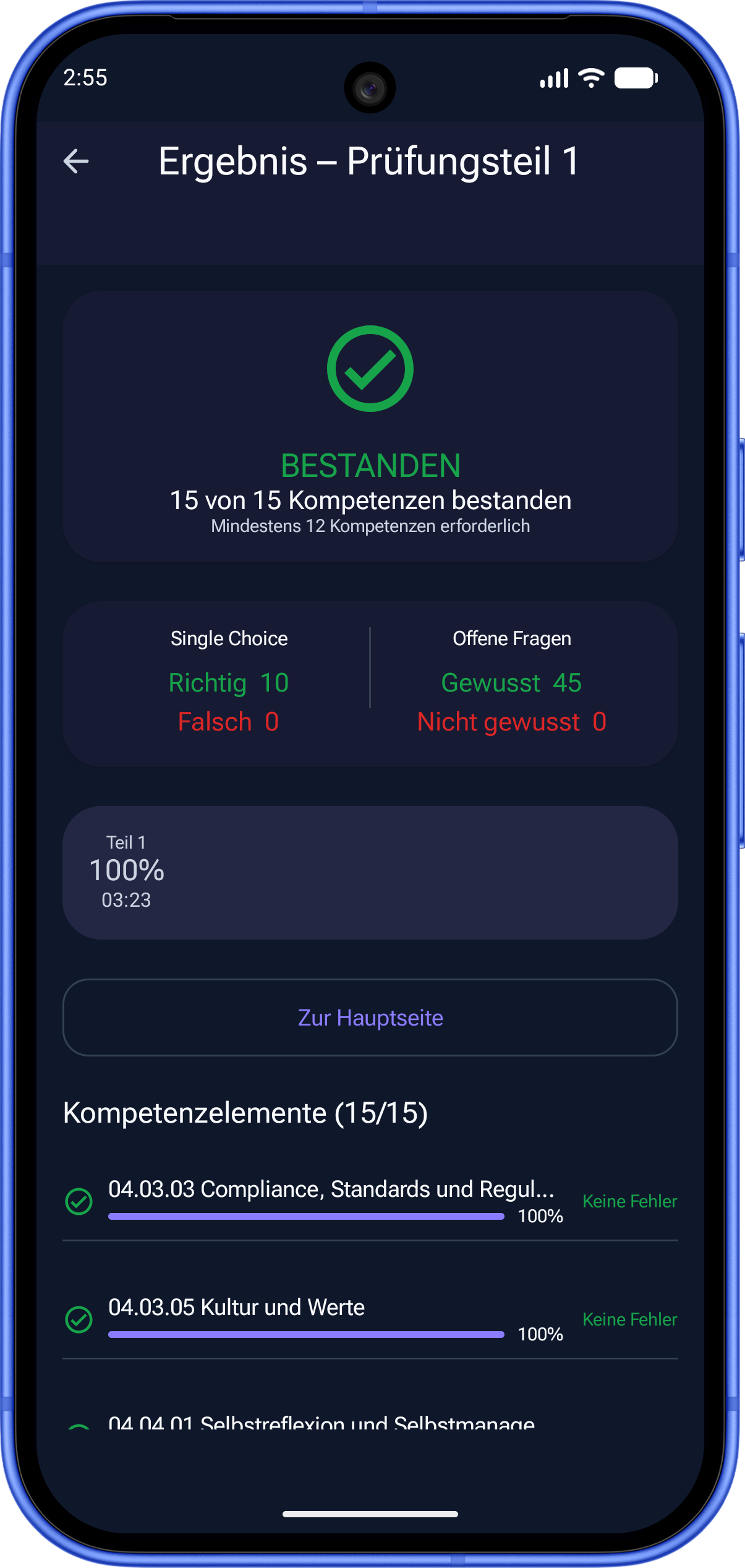 Prüfungsergebnis der PM Prüfungstrainer App